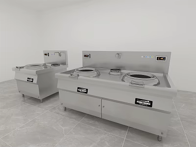 Stainless Steel Commercial Kitchen Cooking Appliances With Multiple Burners And Cabinet Doors 3d model