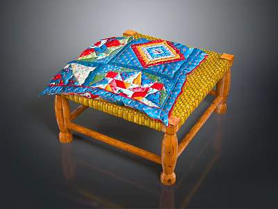 Vibrant Colorful Patchwork Cushioned Stool With Wooden Legs And Woven Sides Design 3d model