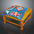 Vibrant Colorful Patchwork Cushioned Stool With Wooden Legs And Woven Sides Design