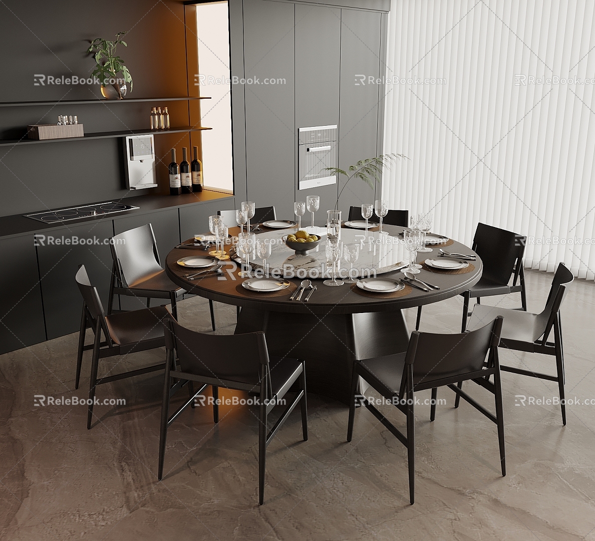 Round Dining Table and Chair Combination Dark Style Dining Table and Chair Embedded Oven Water Dispenser 3d model