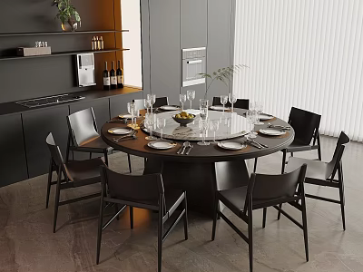 Modern Round Dining Table in Open Kitchen with Black Chairs and Tableware Setup 3d model
