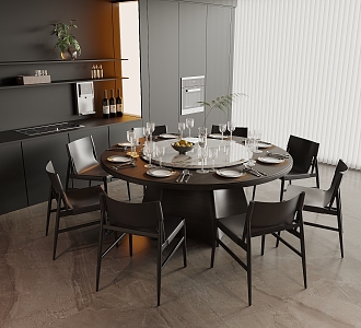 Round Dining Table and Chair Combination Dark Style Dining Table and Chair Embedded Oven Water Dispenser 3d model