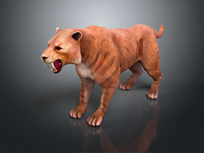 3D Brown Lion Model with Open Mouth Standing on Dark Background and Reflection 3d model