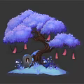 Cartoon Scene Featuring Blue Purple Tree Pink Lanterns Small Animals Small House And Purple Flowers