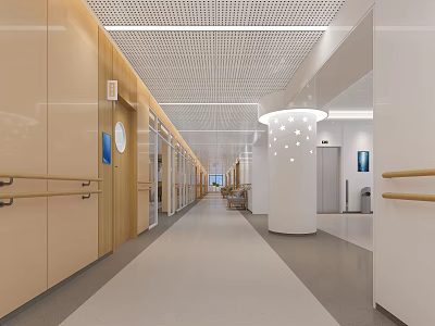 Modern Elevator Corridor With Spacious Design Wooden Walls Grid Ceiling And Handrails 3d model