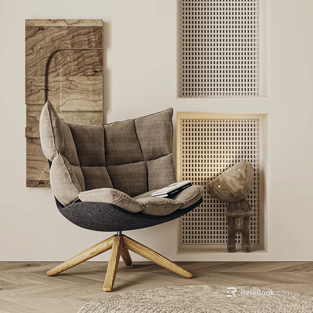 Comfortable Modern Lounge Chair With Plush Cushions And Wooden Base Against Textured Grid Backdrop 3d model 