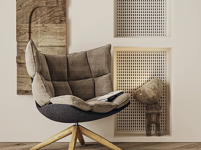 Comfortable Modern Lounge Chair With Plush Cushions And Wooden Base Against Textured Grid Backdrop 3d model