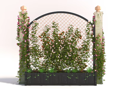Arched Metal Grid Fence With Decorative Pillars Climbing Pink Vines And Planter Box Green Plants 3d model