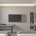 Modern Hotel Guest Room With Two Beds Green Headboard Glass Shower And Framed Artwork