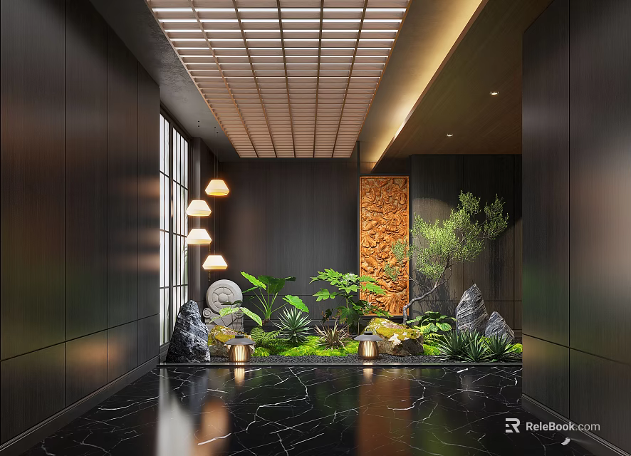 Luxurious Hotel Corridor With Latticed Ceiling Pendant Lights Marble Flooring And Central Greenery Rockery 3d model 
