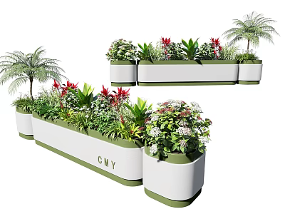 Colorful Mixed Potted Plants With Green Foliage Red Flowers And Palm In Long Rectangular Planters 3d model