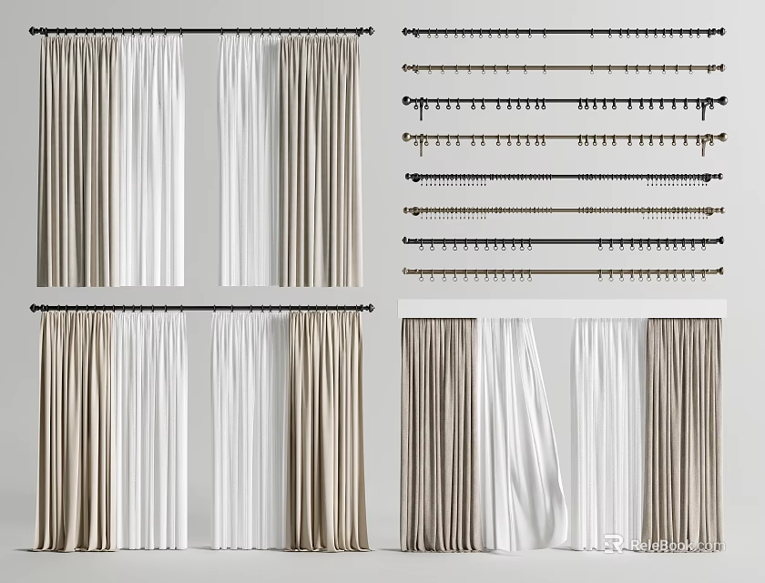 Various Styles of Curtains with Curtain Rods and Decorative Hooks 3d model 