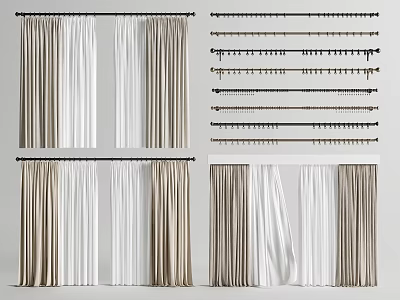Various Styles of Curtains with Curtain Rods and Decorative Hooks 3d model