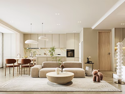Modern Living Dining Room With Beige Sofa Round Coffee Table Dining Chairs And Pendant Lights 3d model