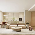 Modern Living Dining Room With Beige Sofa Round Coffee Table Dining Chairs And Pendant Lights