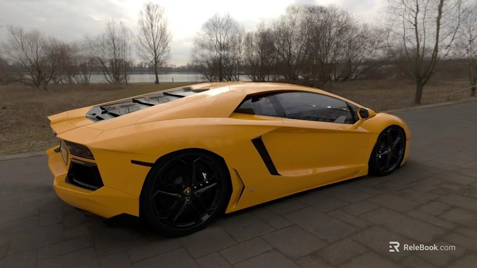 Yellow Lamborghini Sports Car Parked On Brick Pavement With Trees And Water Background 3d model 