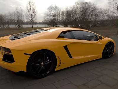 Yellow Lamborghini Sports Car Parked On Brick Pavement With Trees And Water Background 3d model
