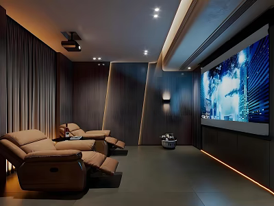 Home Theater Room Interior With Brown Recliner Chairs Large Screen Dark Curtains And Soft Lighting 3d model