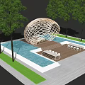 Wooden Lattice Pergola with Swimming Pool and Relaxing Seating Area on Wooden Deck