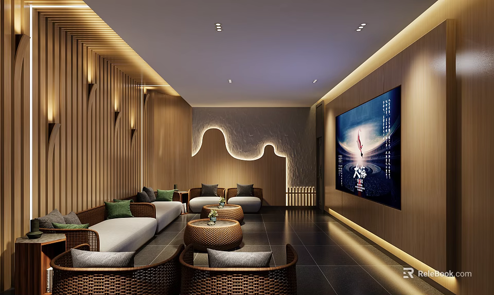 Modern KTV Room Interior With Wooden Walls Curved Accents Large Screen TV And Comfy Sofas 3d model 