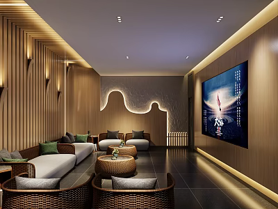 Modern KTV Room Interior With Wooden Walls Curved Accents Large Screen TV And Comfy Sofas 3d model