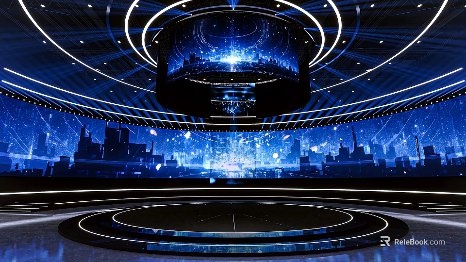 Futuristic Ballroom With Circular Stage Ring Light Design Blue Lighting And City Projection 3d model 
