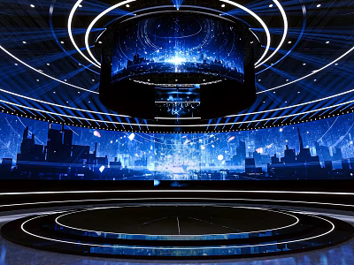Futuristic Ballroom With Circular Stage Ring Light Design Blue Lighting And City Projection 3d model