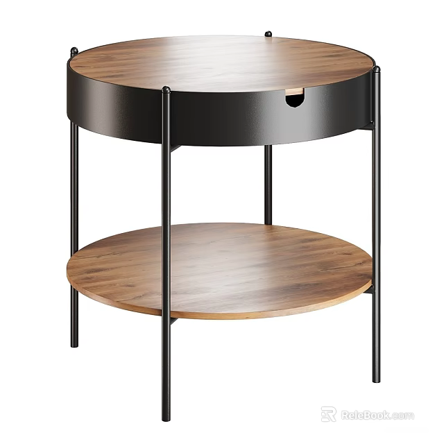 Modern Round Wooden Side Table With Slender Black Metal Legs Storage Drawer And Lower Shelf 3d model 