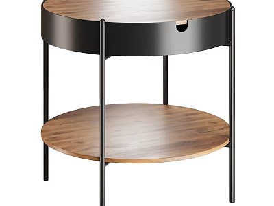 Modern Round Wooden Side Table With Slender Black Metal Legs Storage Drawer And Lower Shelf 3d model