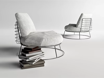 Modern Accent Chair Featuring Metal Wire Frame Light Gray Linen Upholstery And Stack Of Books 3d model