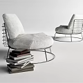 Modern Accent Chair Featuring Metal Wire Frame Light Gray Linen Upholstery And Stack Of Books