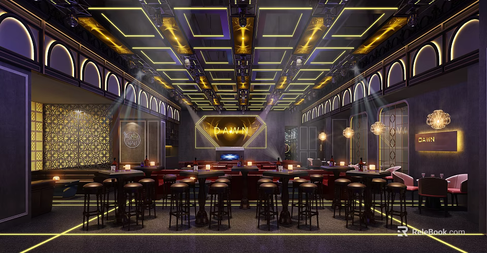 Elegant Modern Bar Interior Design With Stylish Ceiling Lighting Bar Counter And High Stools 3d model 