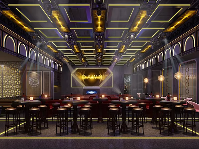 Elegant Modern Bar Interior Design With Stylish Ceiling Lighting Bar Counter And High Stools 3d model