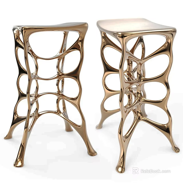 Modern Golden Metal Bar Stools with Unique Hollowed Legs and Organic Shape Design 3d model 