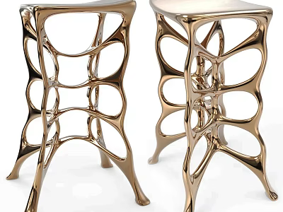 Modern Golden Metal Bar Stools with Unique Hollowed Legs and Organic Shape Design 3d model