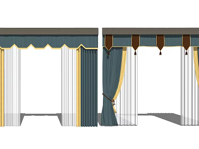 Elegant Blue White Curtains With Yellow Trim And Brown Valance Design 3d model