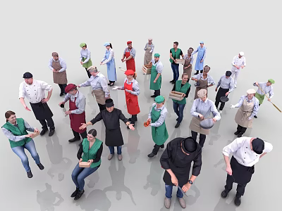 Group of Diverse Kitchen Staff Chefs in Uniforms Working Together in Busy Restaurant 3d model
