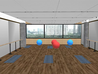 Fitness Studio With Yoga Mats Exercise Balls Barre And City View Windows 3d model