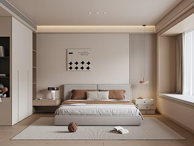 Modern Minimalist Bedroom Interior With Double Bed Nightstands Wardrobe And Wall Art 3d model