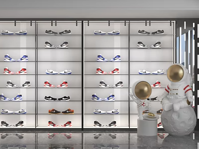 Modern Shoe Cabinet with Multiple Shelves Neatly Arranged Various Shoes and Astronaut Decor 3d model
