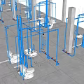 Blue Pipes in Industrial Interior with White Toilets and Sanitary Fixtures