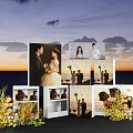 Elegant Wedding Photo Display With Multiple Cubes Flower Decorations And Sunset Background