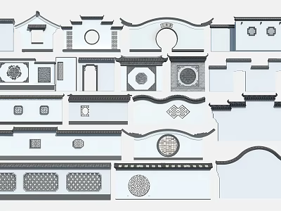 Traditional Chinese Garden Wall Designs With Ornate Patterns And Architectural Elements 3d model