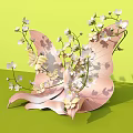 Pink Butterfly Shaped Photo Spot With White Yellow Flowers And Green Background