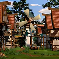 Cartoon Village Scene With Red Tiled Roofs Wooden Houses Windmill And Green Grass