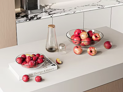 Fresh Apples in Glass Bowls on Kitchen Counter with Decorative Books 3d model