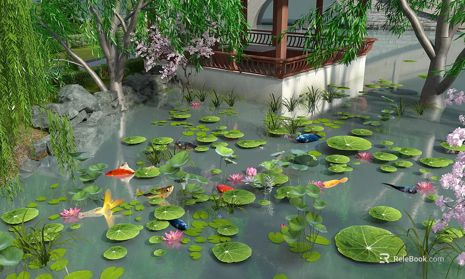 Tranquil Pond Scenery With Lush Lotus Leaves Pink Flowers Colorful Koi Fish And Willow Trees 3d model 