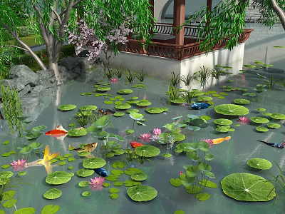 Tranquil Pond Scenery With Lush Lotus Leaves Pink Flowers Colorful Koi Fish And Willow Trees 3d model