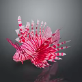 Vibrant Red And White Striped Lionfish With Elongated Fins Against Dark Background