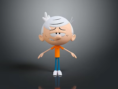 Frowning Cartoon Character With White Hair Orange Shirt Blue Pants White Shoes On Gray Background 3d model